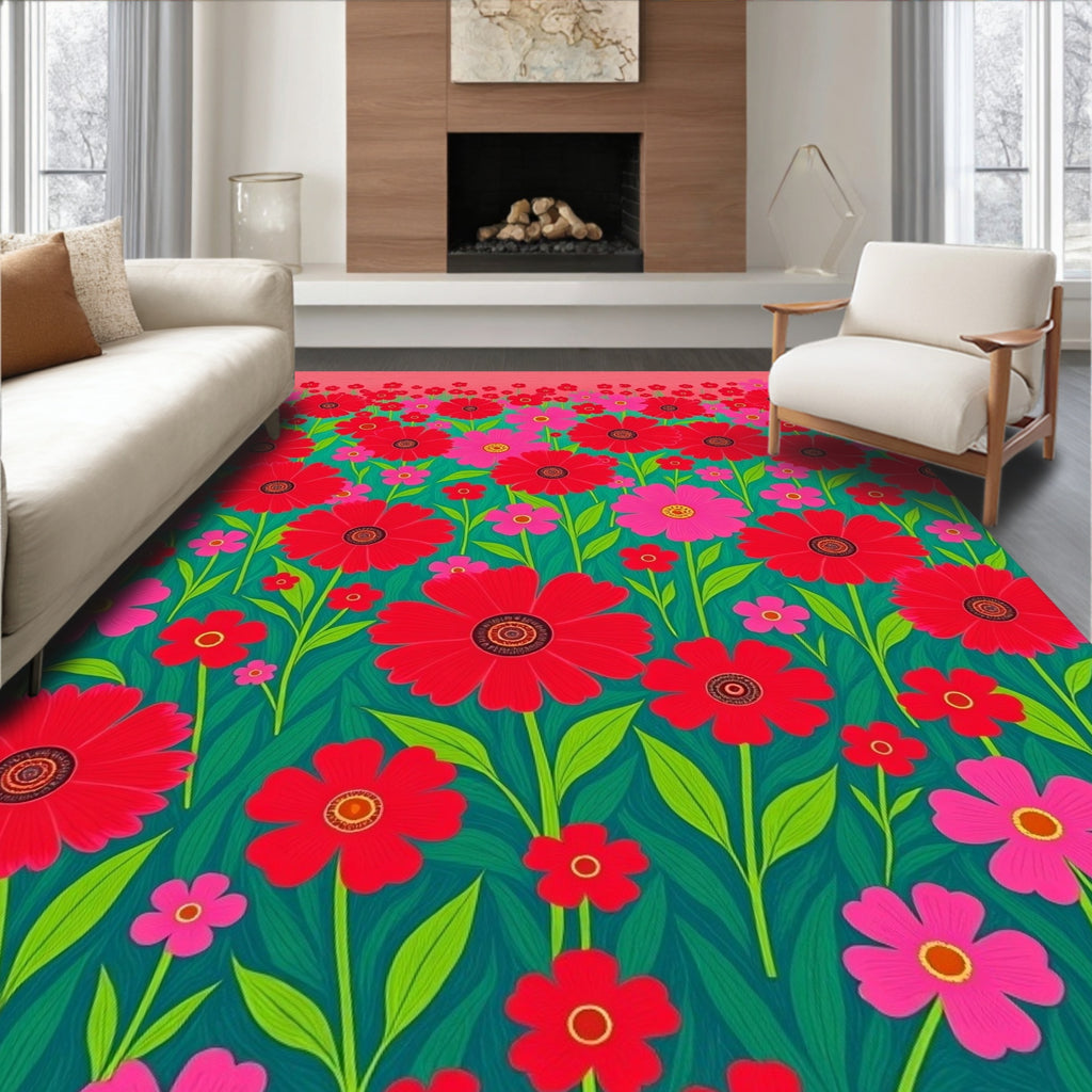 Vibrant Red Pink Floral Field Rug