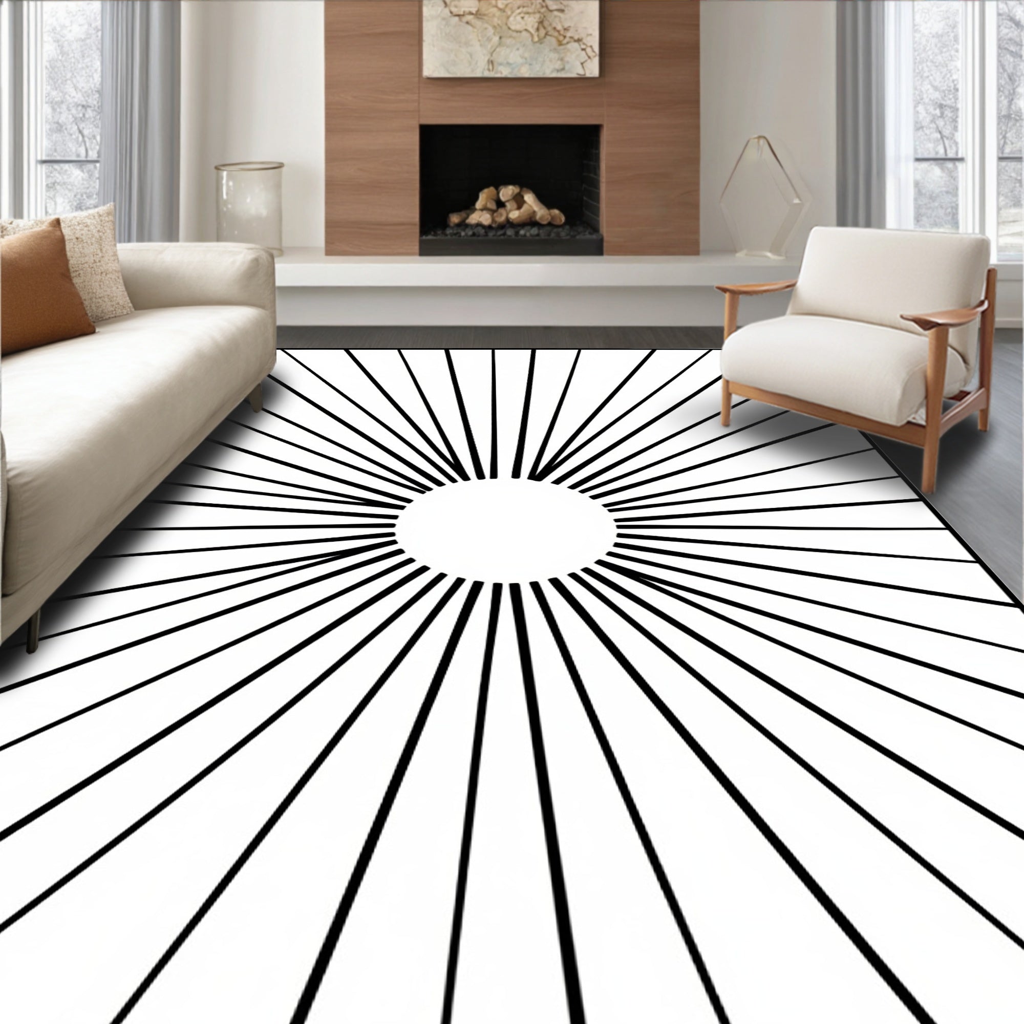 Radial Sunburst Black White Rug