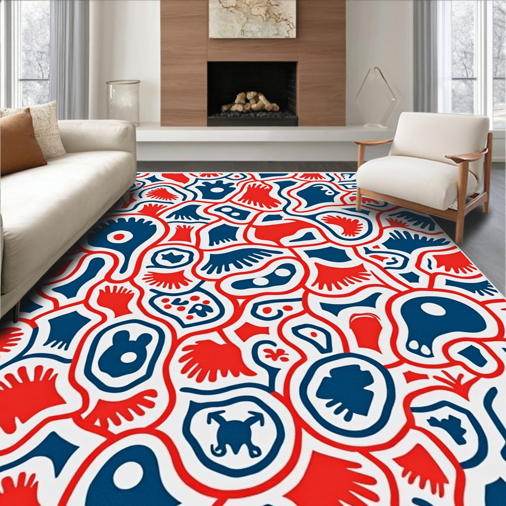 Bold Red Blue Organic Collage Rug