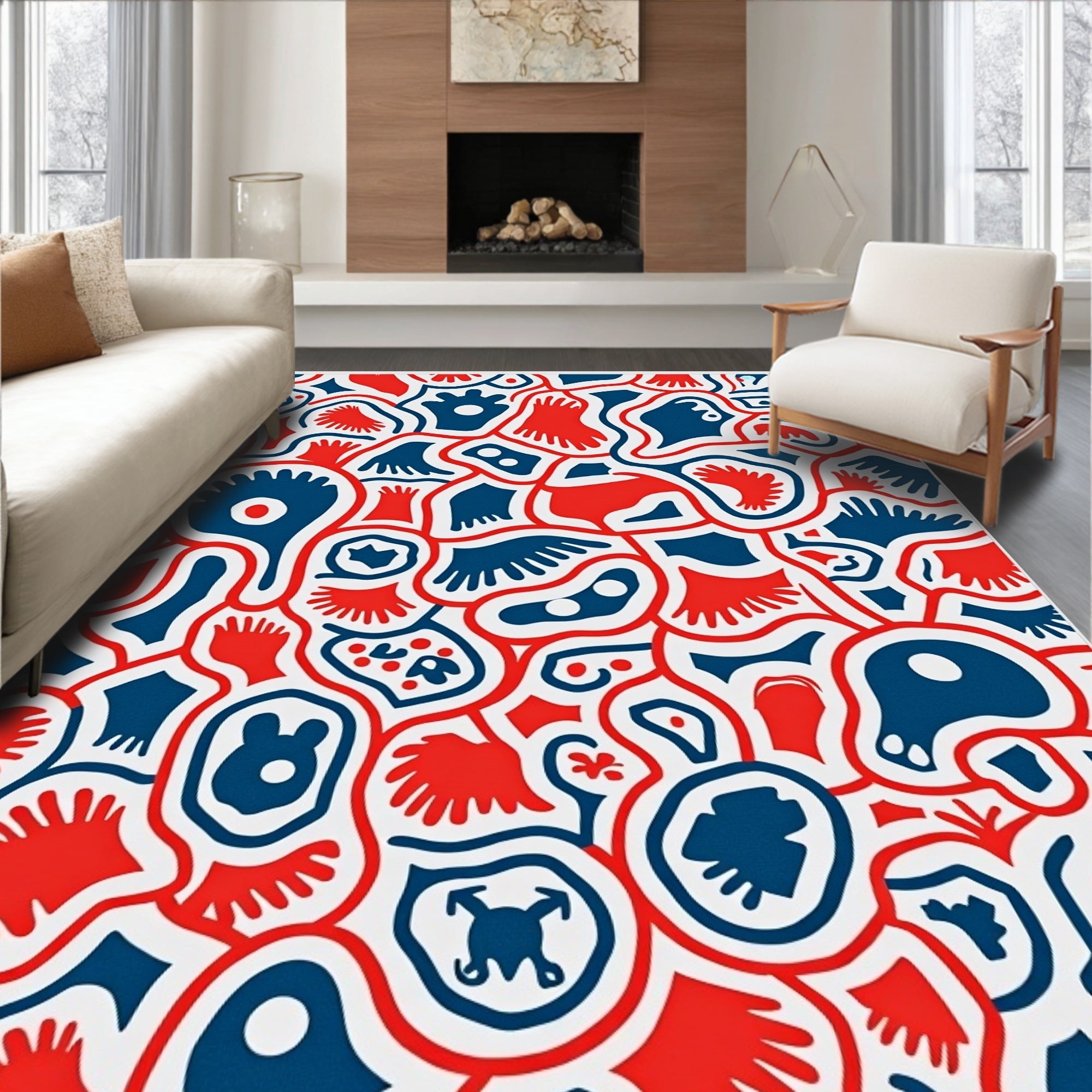 Bold Red Blue Organic Collage Rug