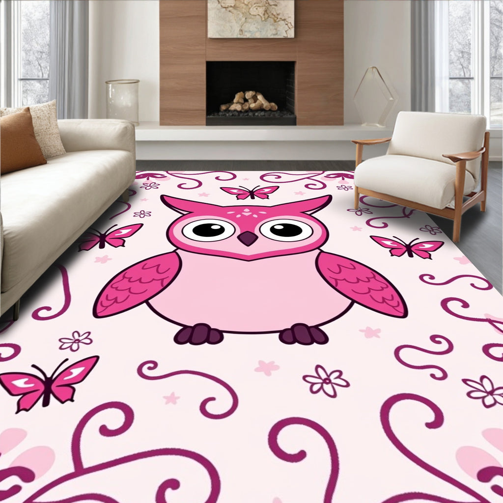 Cute Pink Owl Butterfly Garden Rug