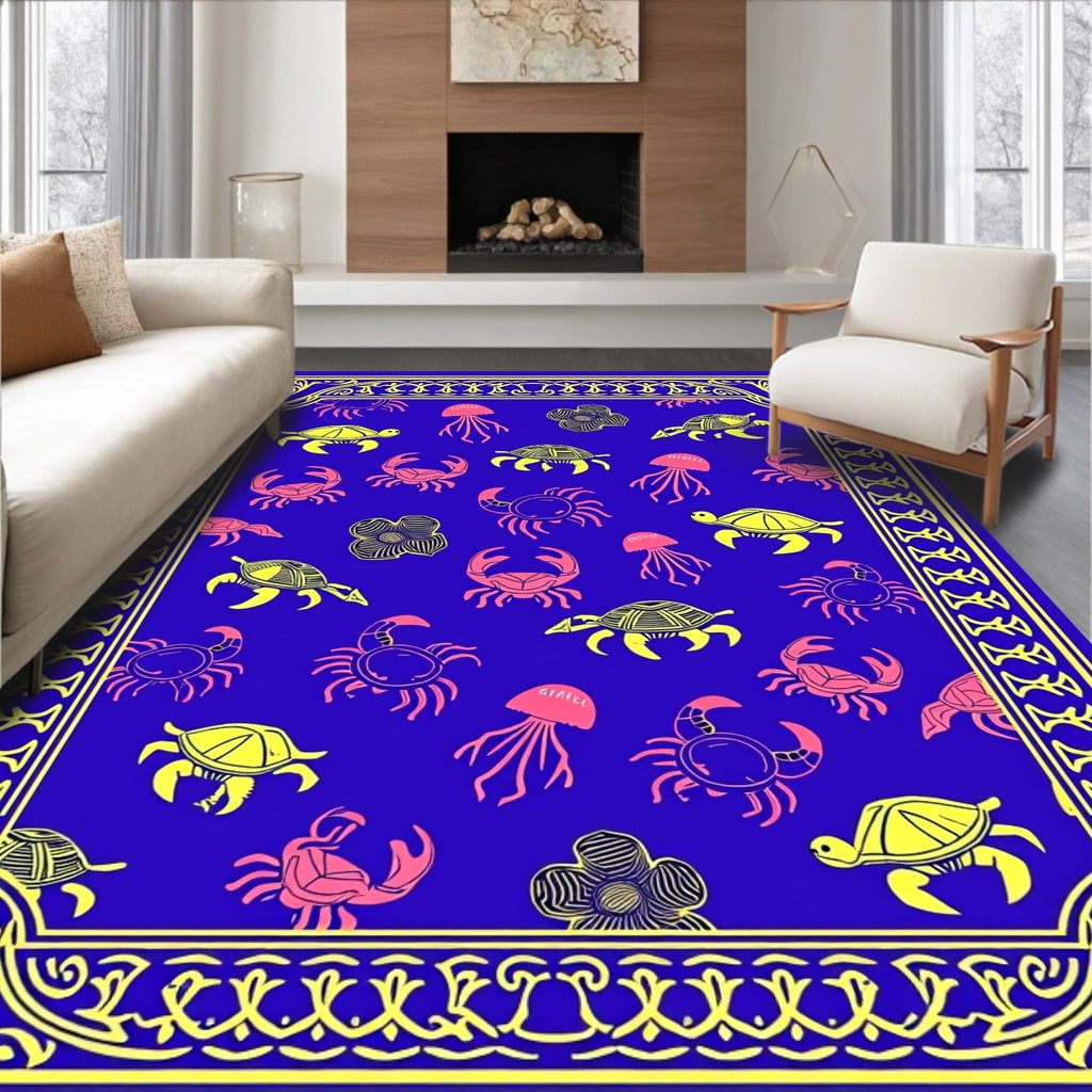 Blue Yellow Sea Creatures Scallop Border Rug