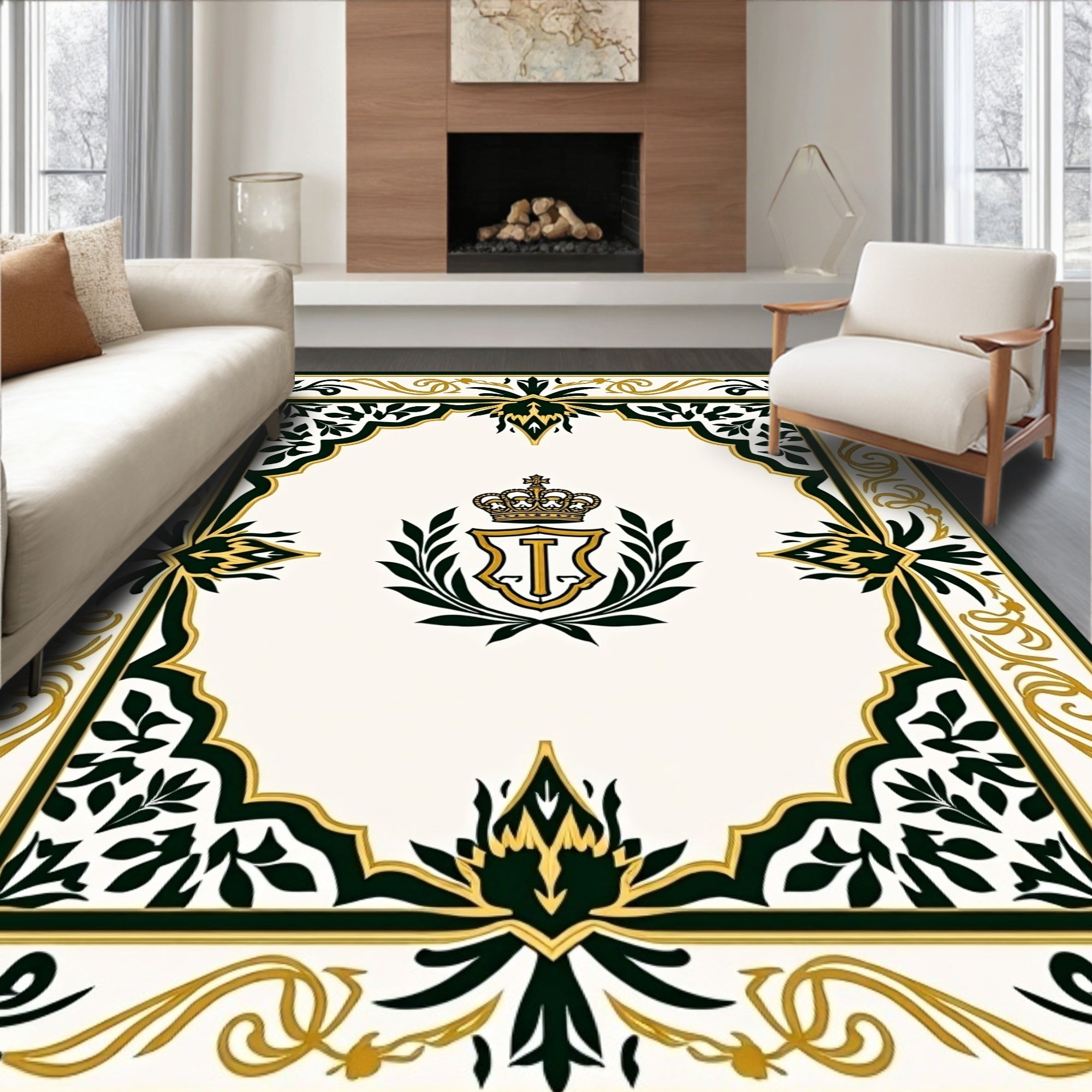 Ornate Gold and Green Crest Border Rug