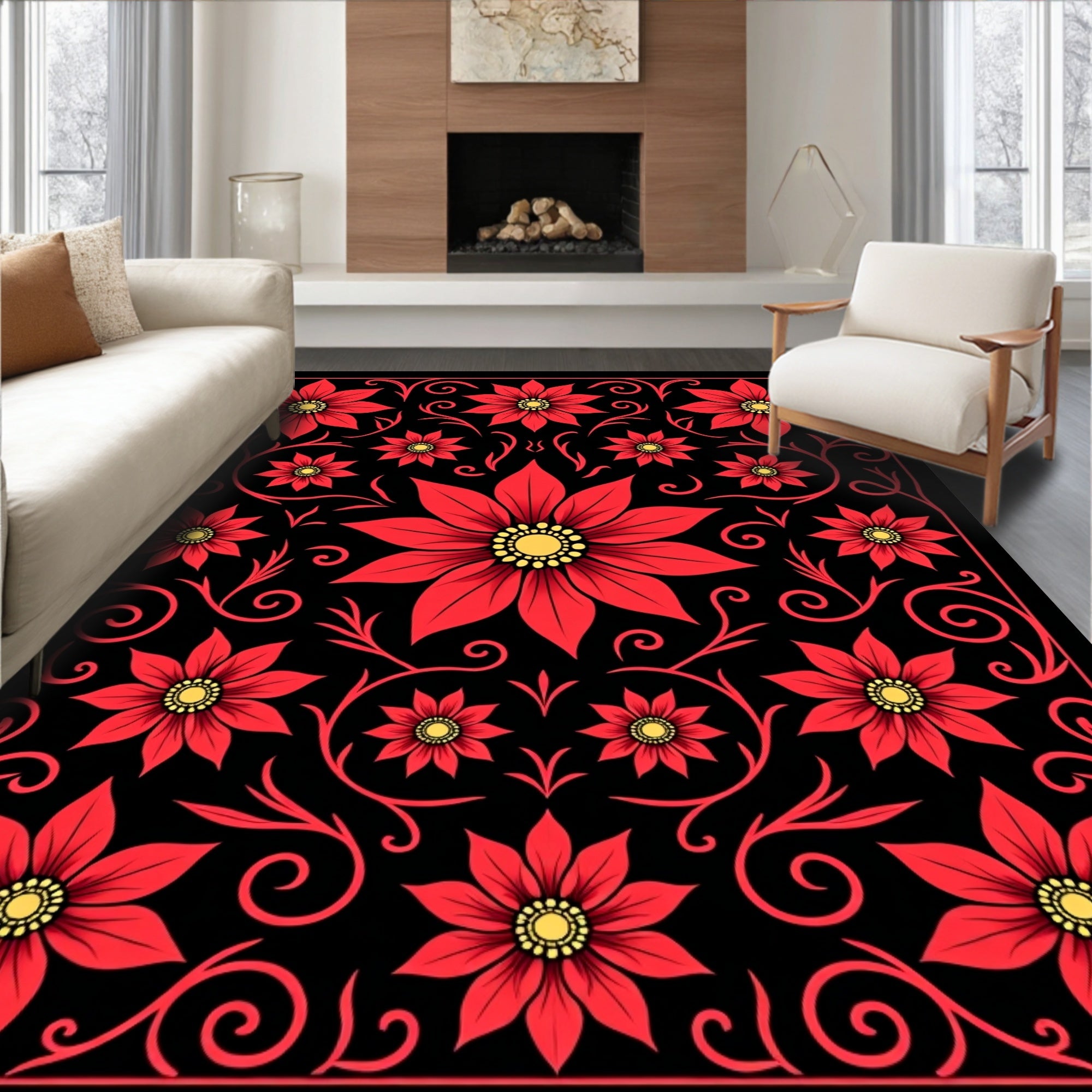 Bold Red Floral Scrollwork Rug