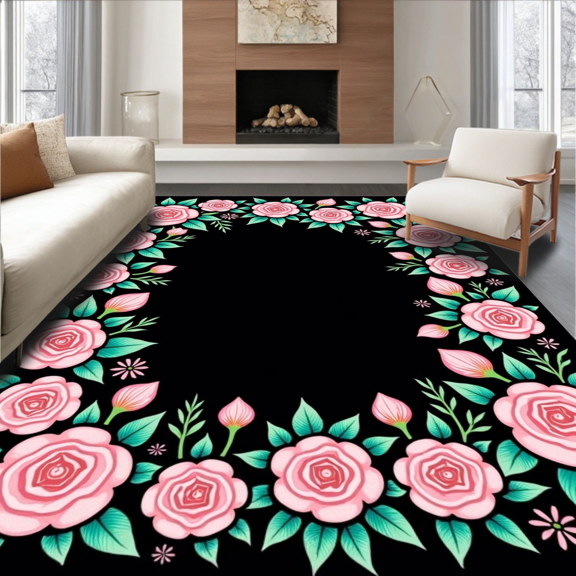 Pink Roses Black Floral Wreath Rug