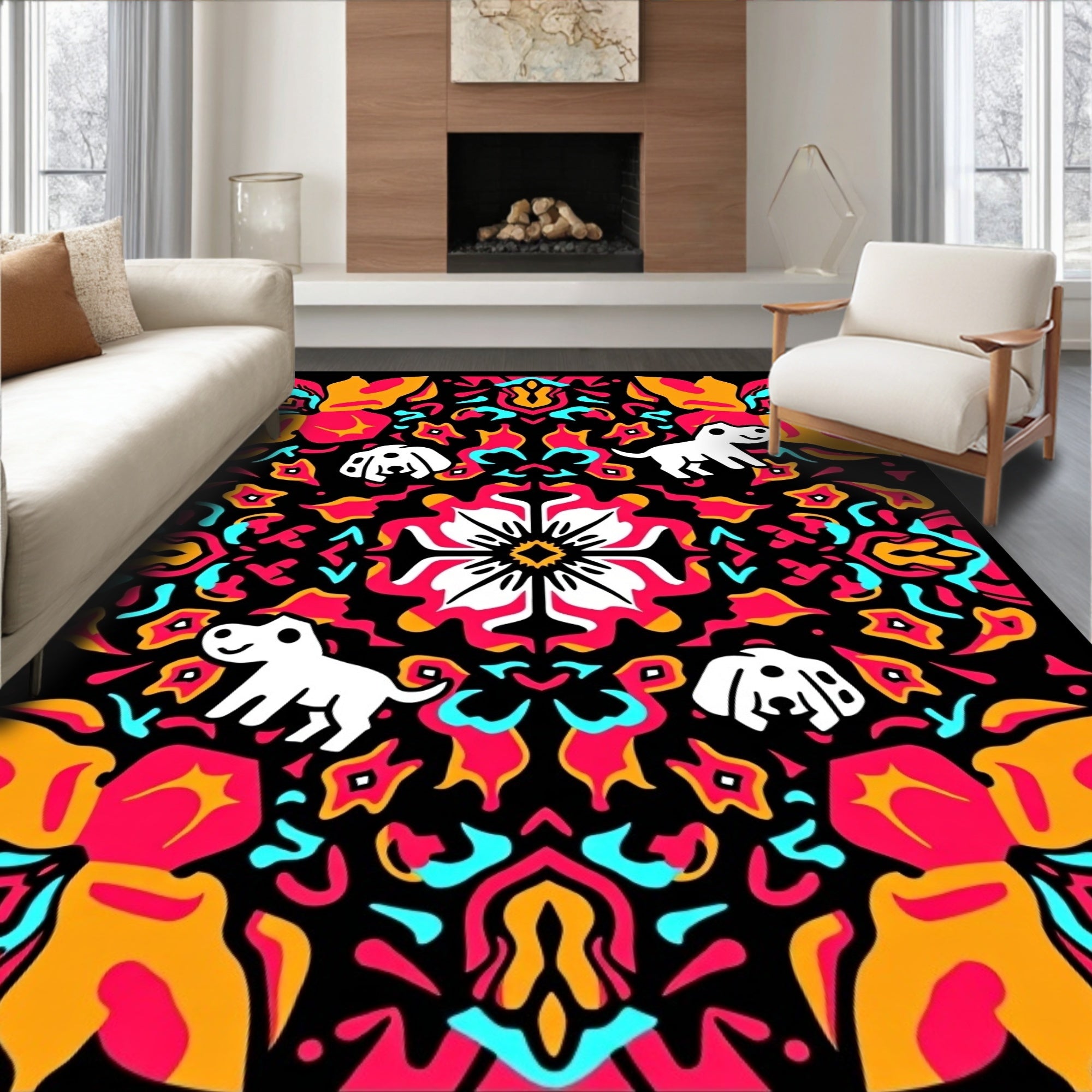 Vibrant Floral Dog Medallion Black Rug