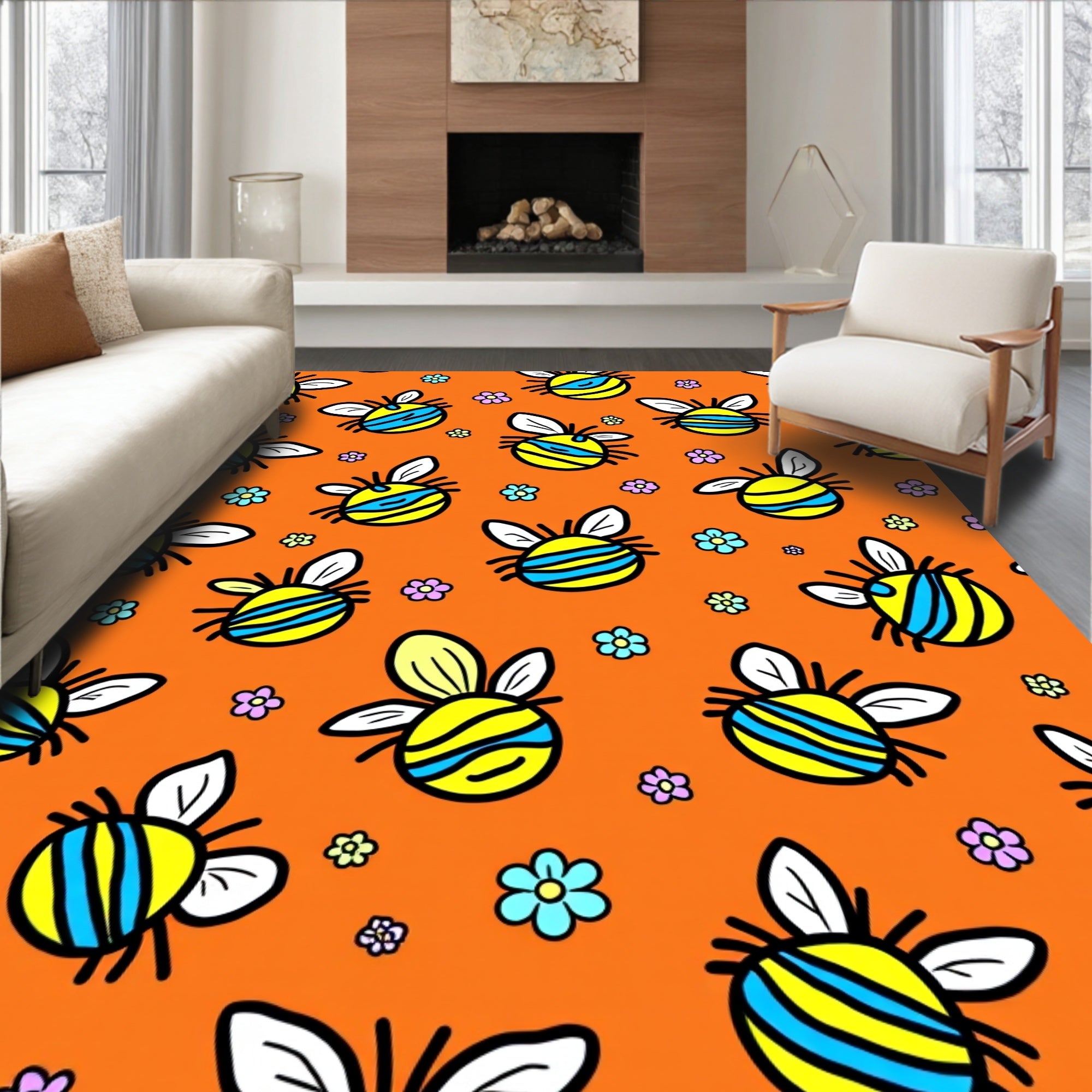 Whimsical Yellow Bumblebee Flower Garden Rug