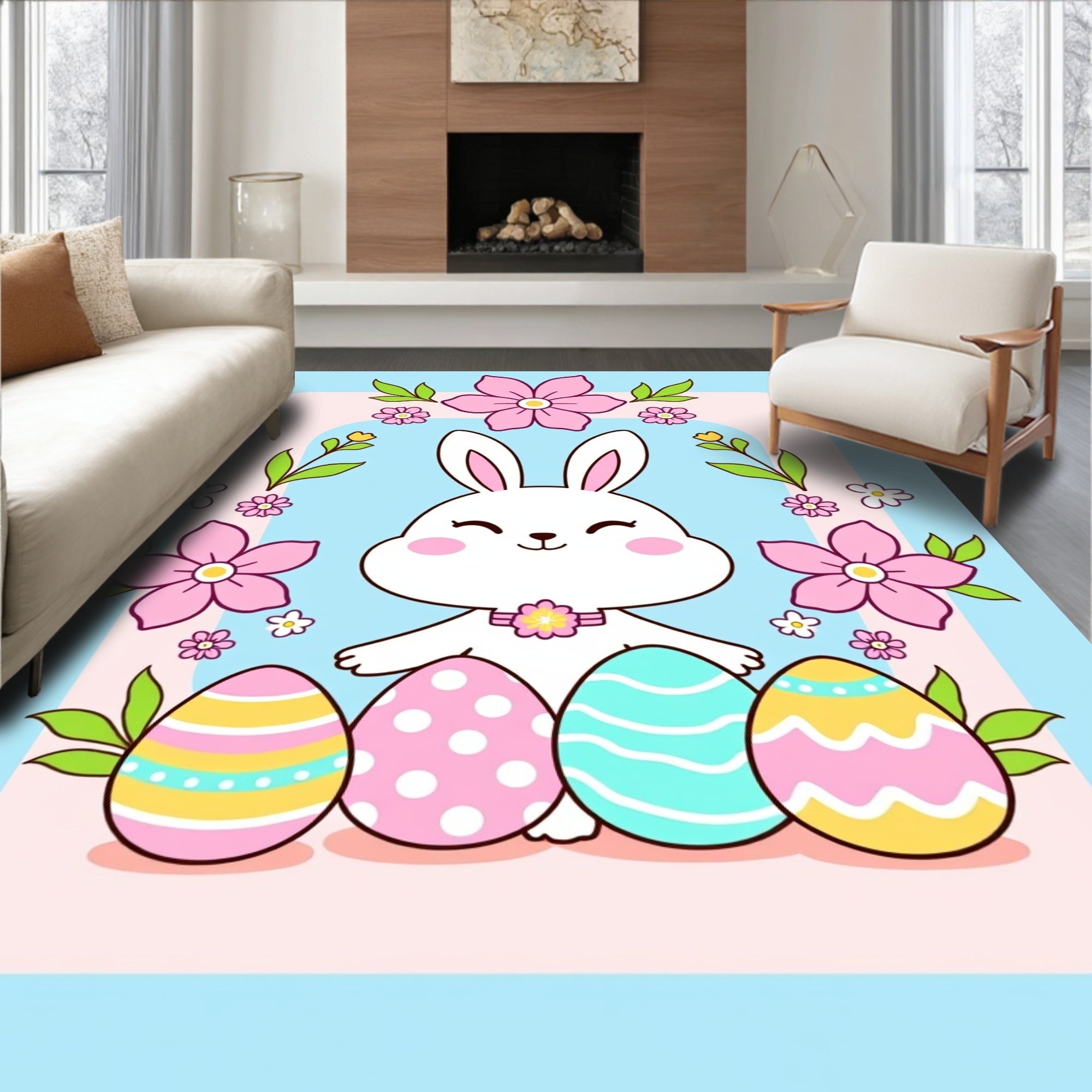 Pink Floral Easter Bunny Egg Garland Rug