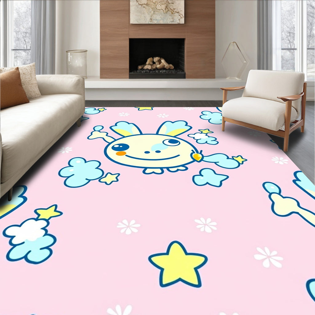 Kitsch Bunny Clouds Stars Pink Background Rug