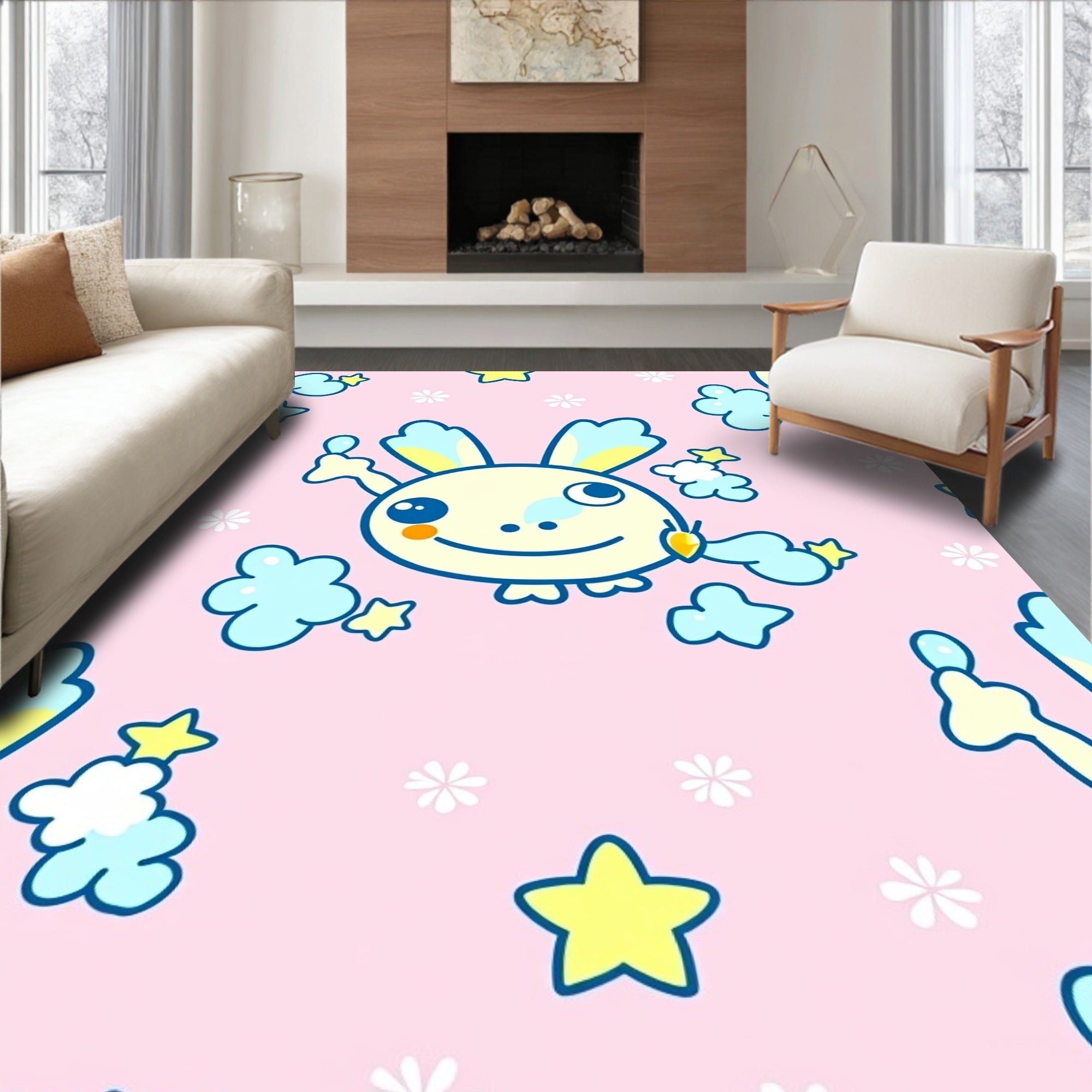 Kitsch Bunny Clouds Stars Pink Background Rug