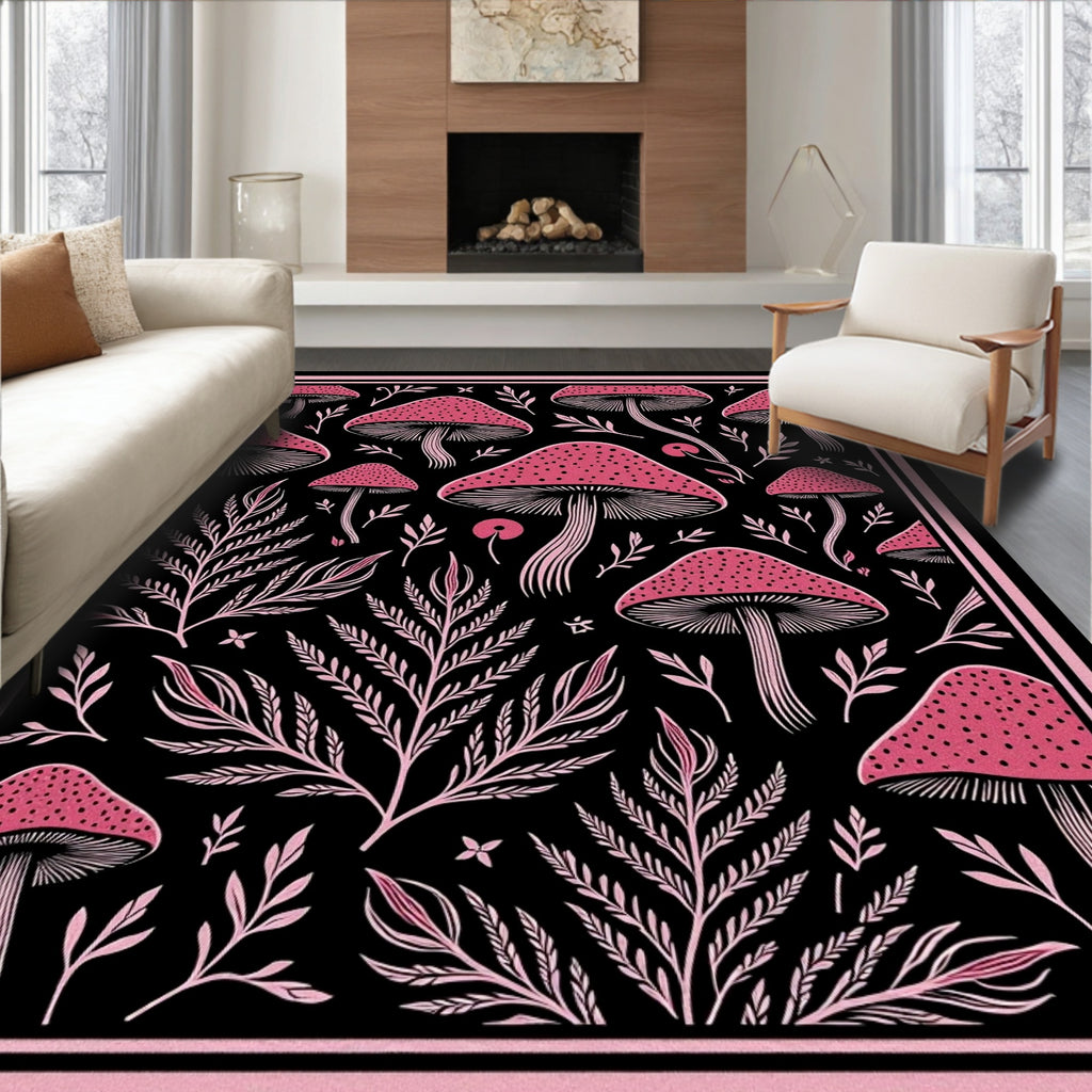 Pink Mushroom Fern Black Background Rug