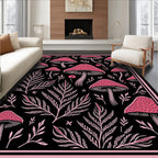 Pink Mushroom Fern Black Background Rug