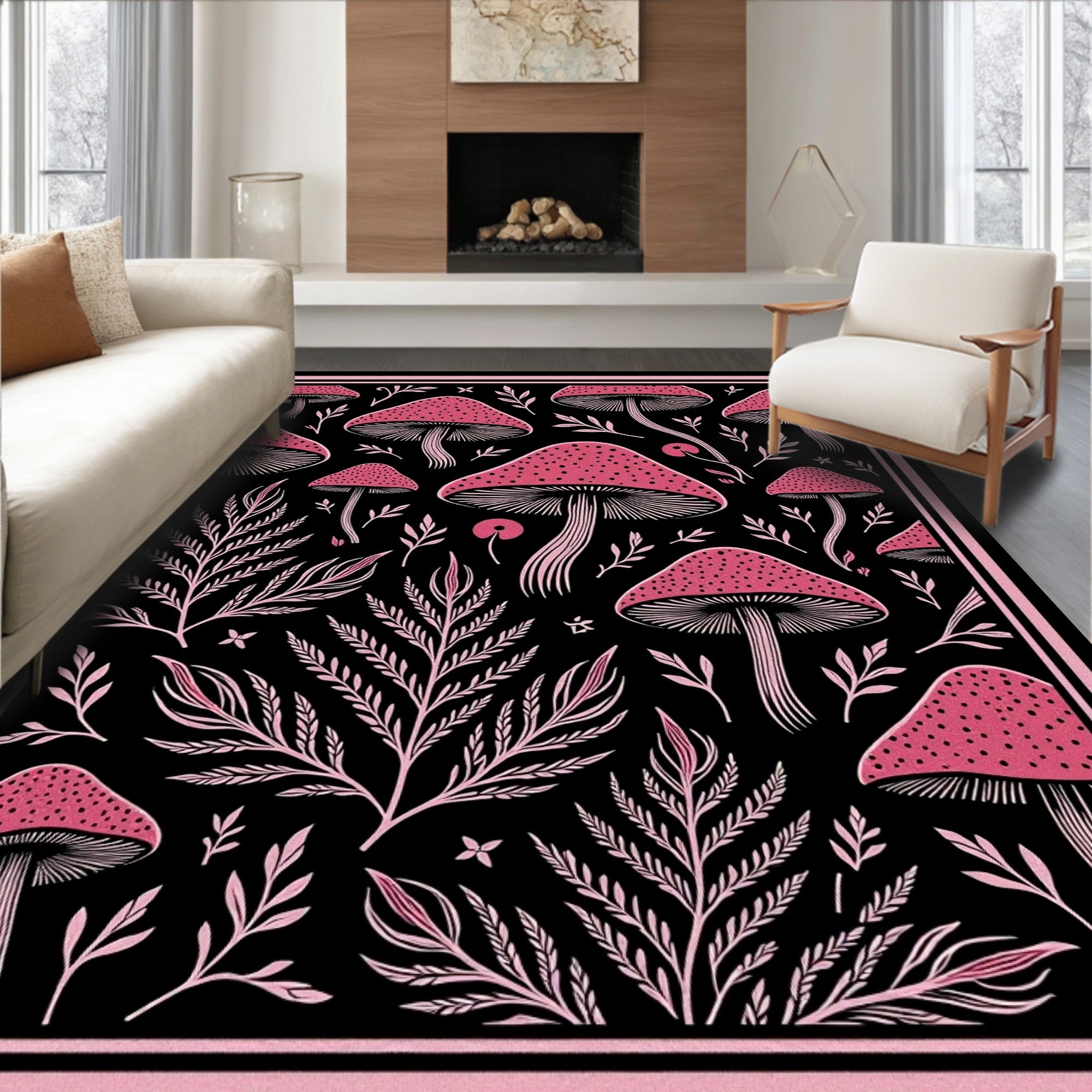 Pink Mushroom Fern Black Background Rug