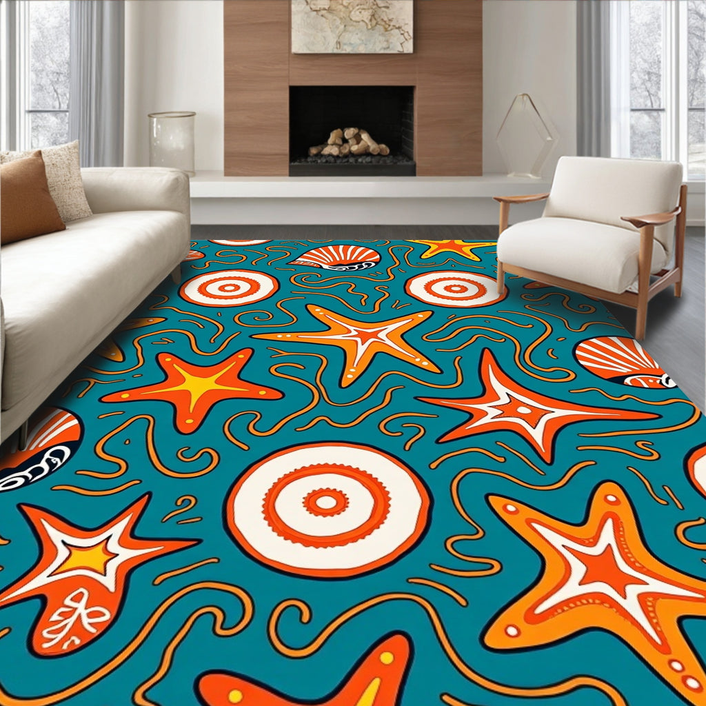 Oceanic Starfish Shell Swirls Orange Teal Rug