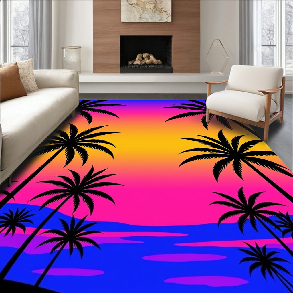 Retro Sunset Palm Trees Beach Rug