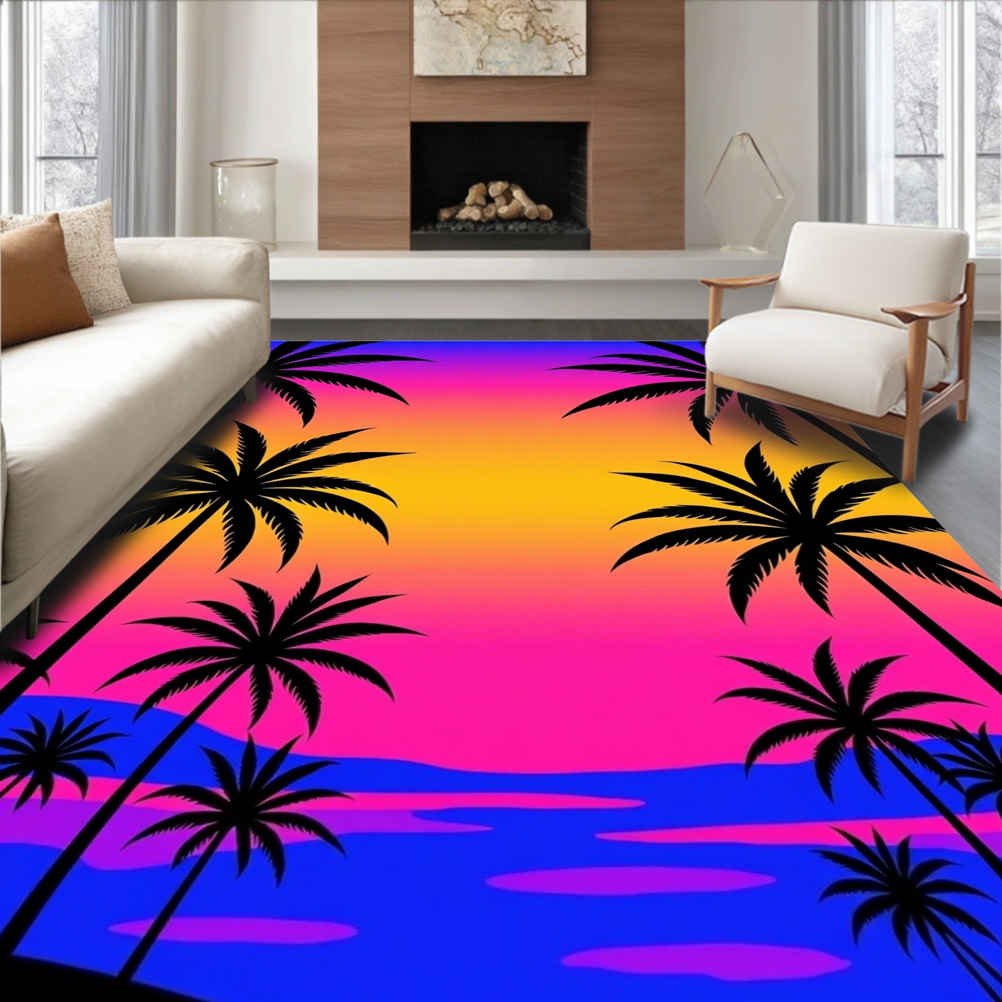 Retro Sunset Palm Trees Beach Rug