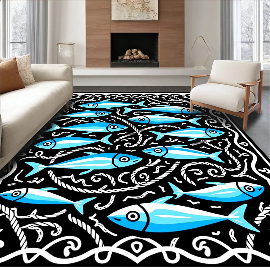 School of Blue Fish Nautical Border Rug