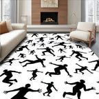 Black Silhouette Figures Dynamic Movement Rug