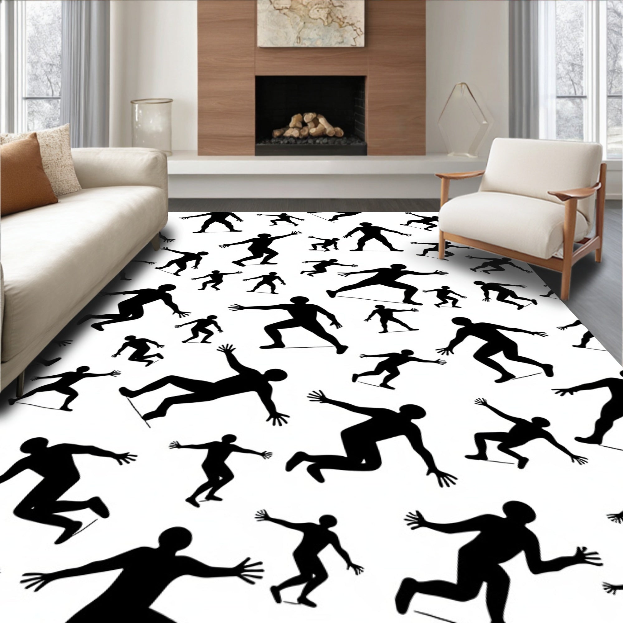 Black Silhouette Figures Dynamic Movement Rug