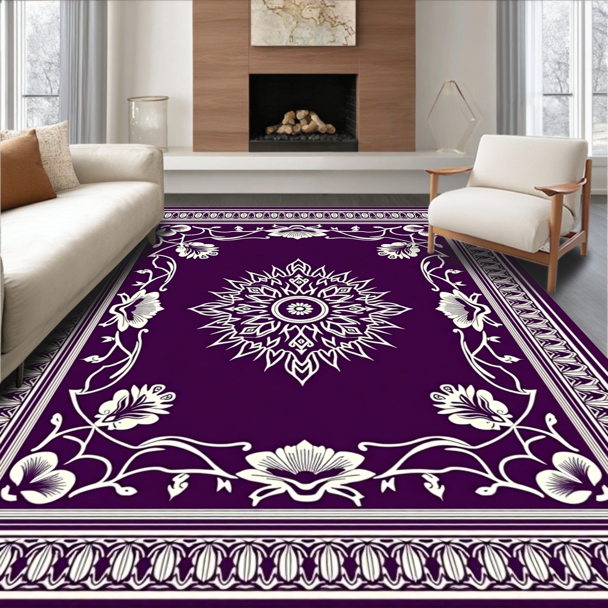 Deep Purple White Floral Mandala Border Rug