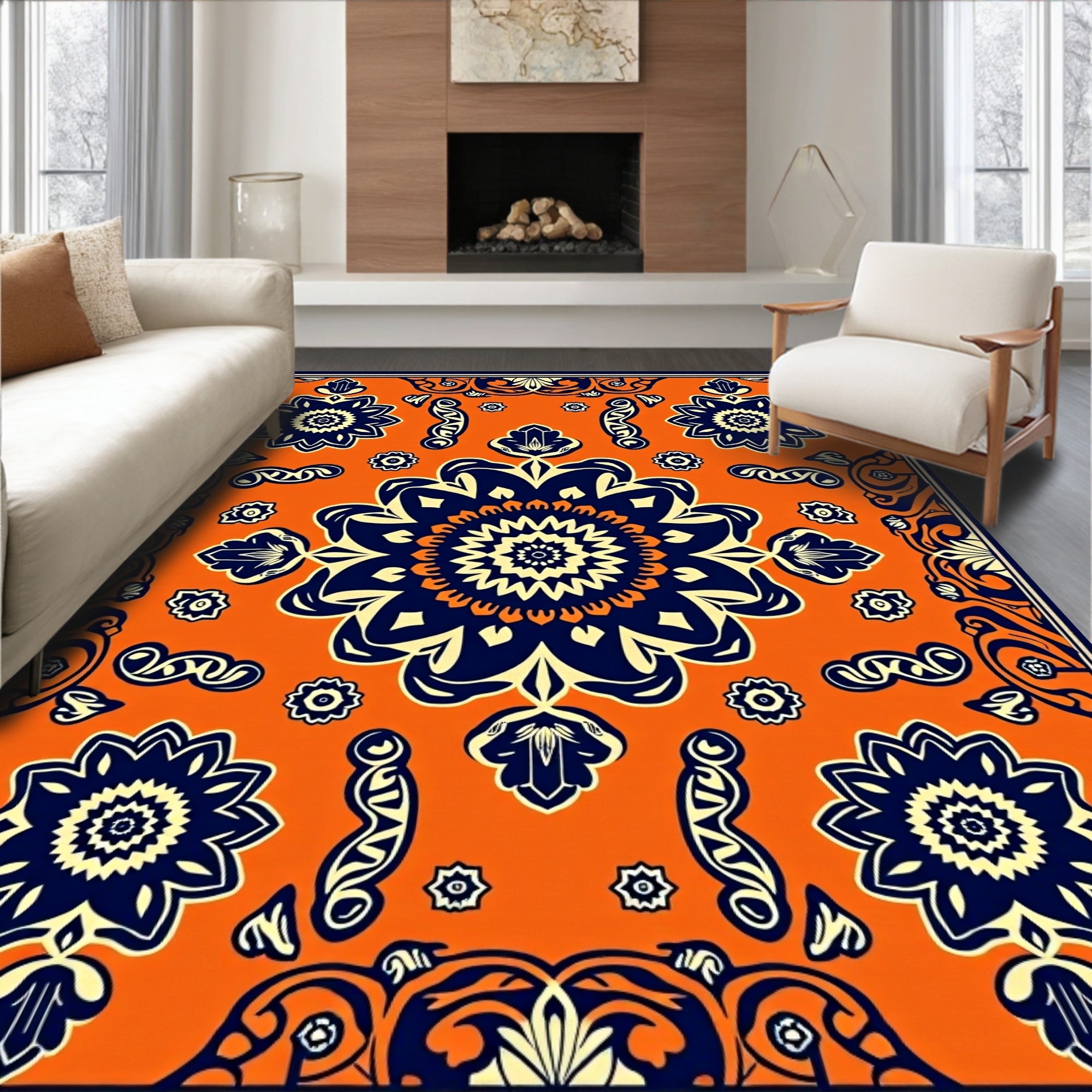 Vibrant Orange Floral Medallion Rug