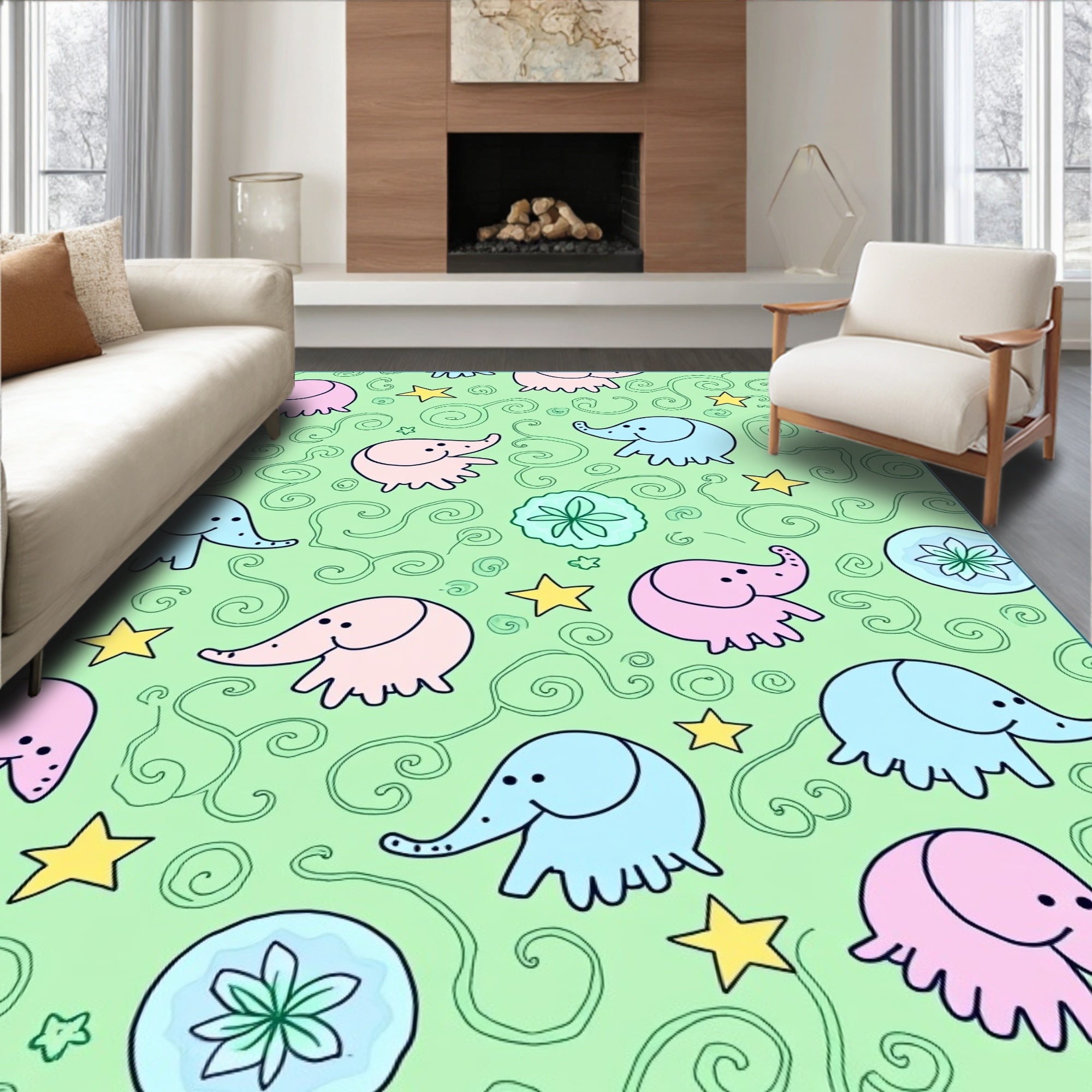 Pink Blue Elephant Swirl Star Ground Rug
