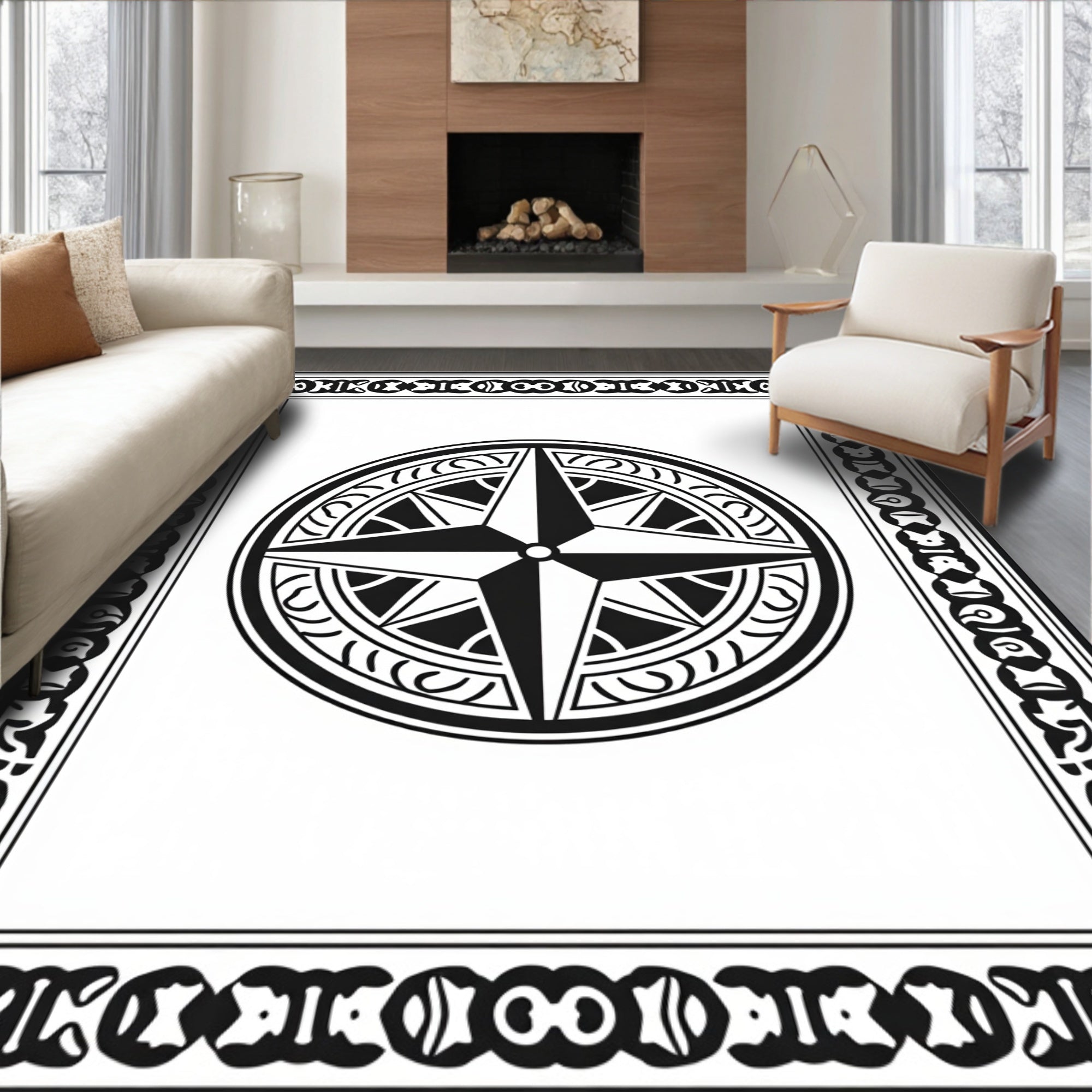 Monochromatic Black Compass Rose Border Rug