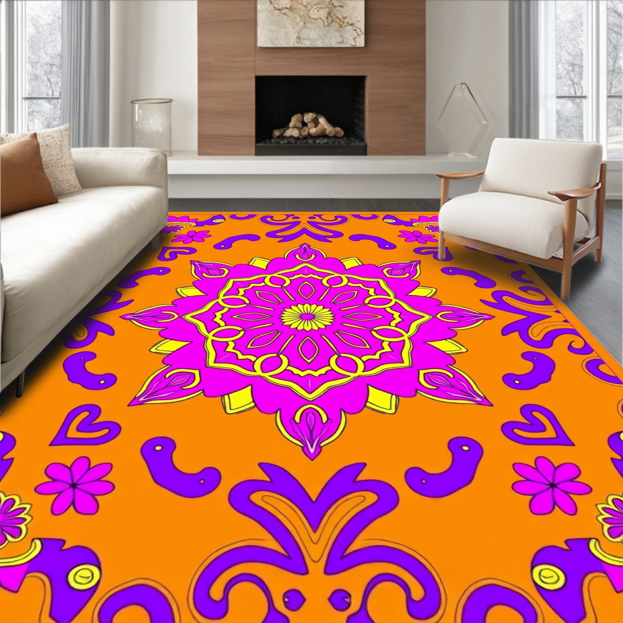 Vibrant Magenta Floral Mandala Rug