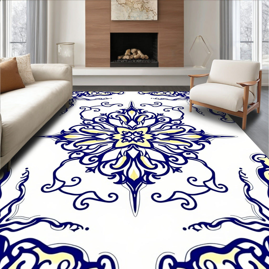Elegant Navy Yellow Scrollwork Medallion Rug