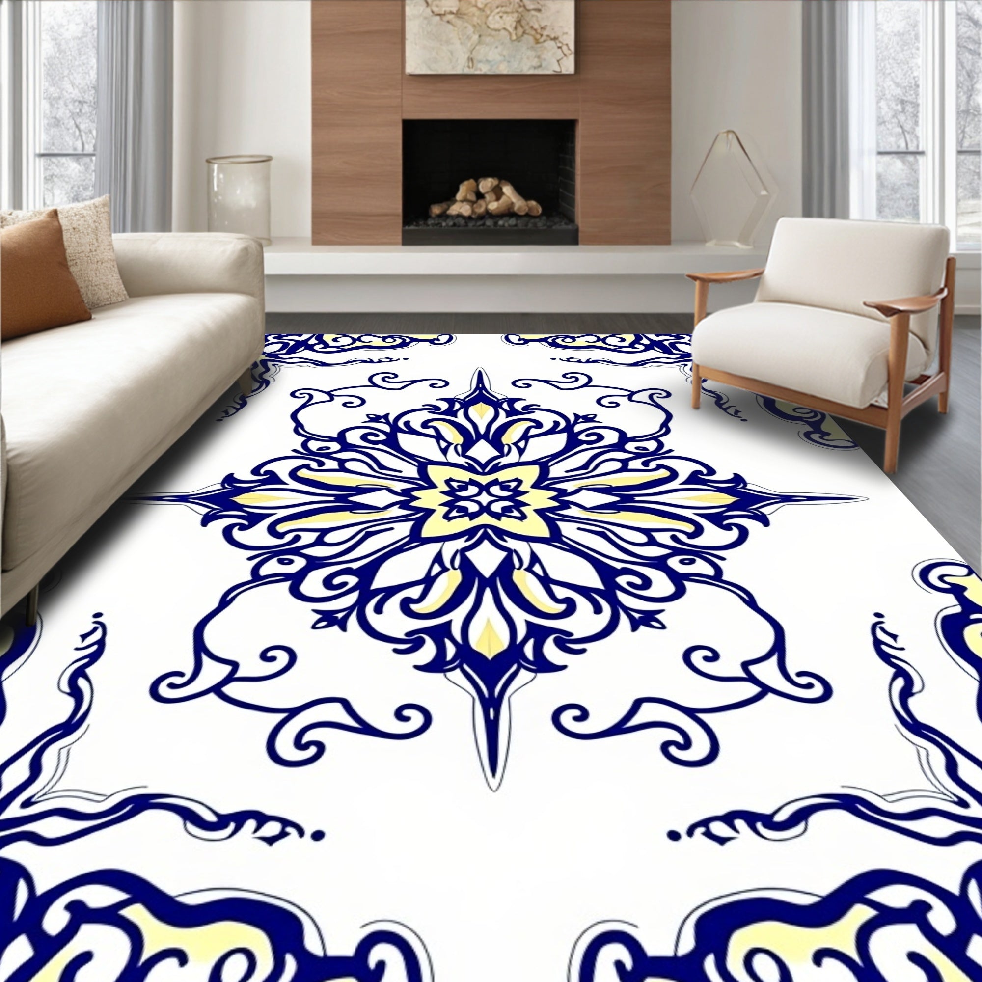 Elegant Navy Yellow Scrollwork Medallion Rug
