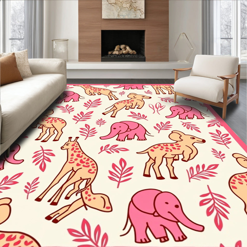 Pink Giraffes Elephants Coral Foliage Rug