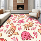 Pink Giraffes Elephants Coral Foliage Rug