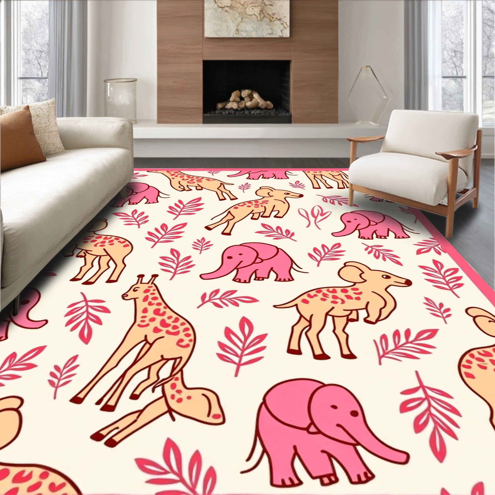 Pink Giraffes Elephants Coral Foliage Rug