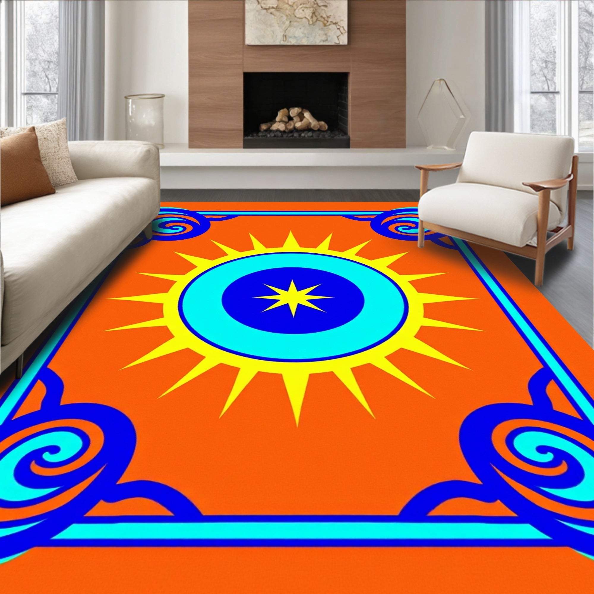 Vibrant Sun Swirl Border Rug