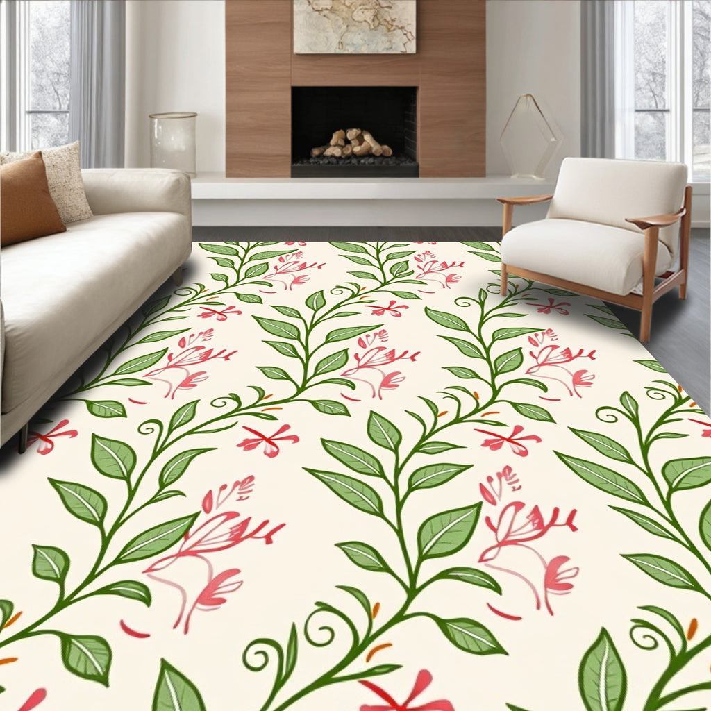 Delicate Pink Blossoms Green Vines Rug
