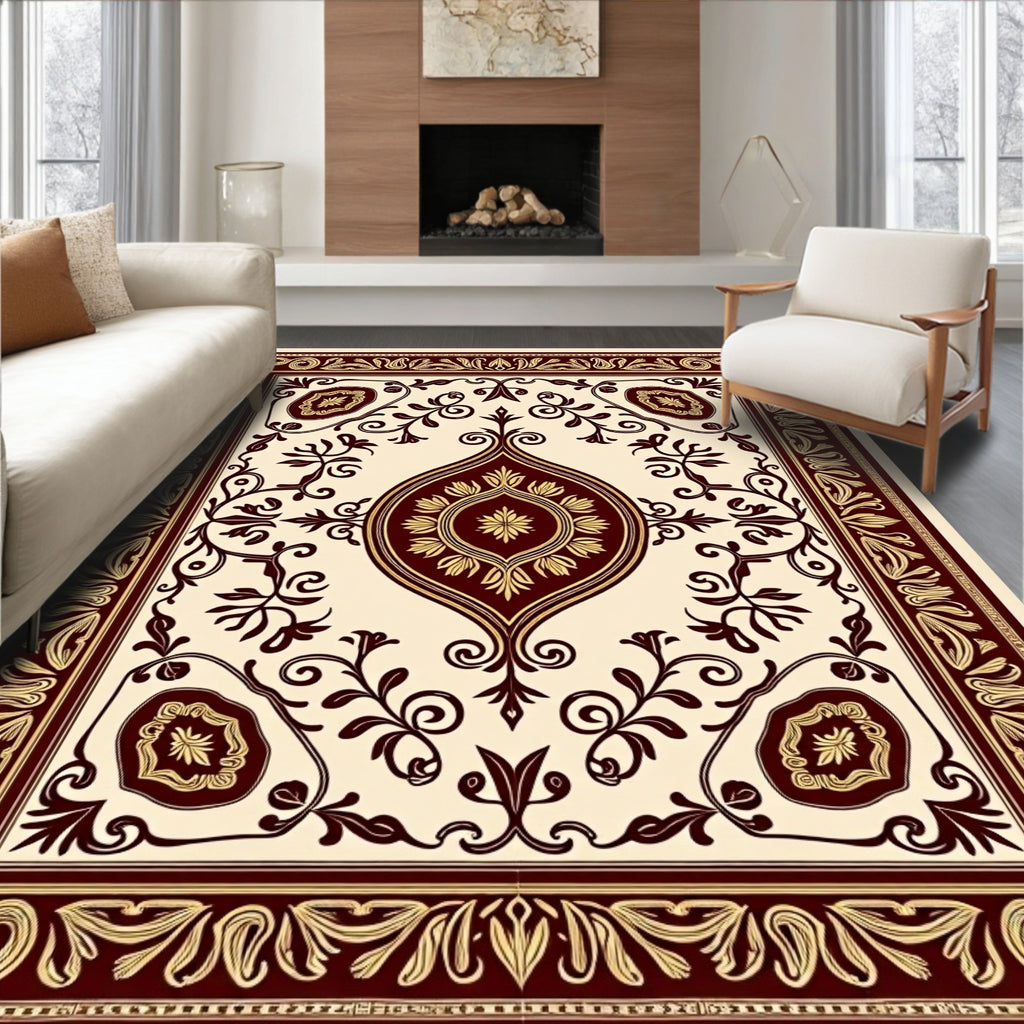 Antique Crimson Floral Scroll Medallion Rug