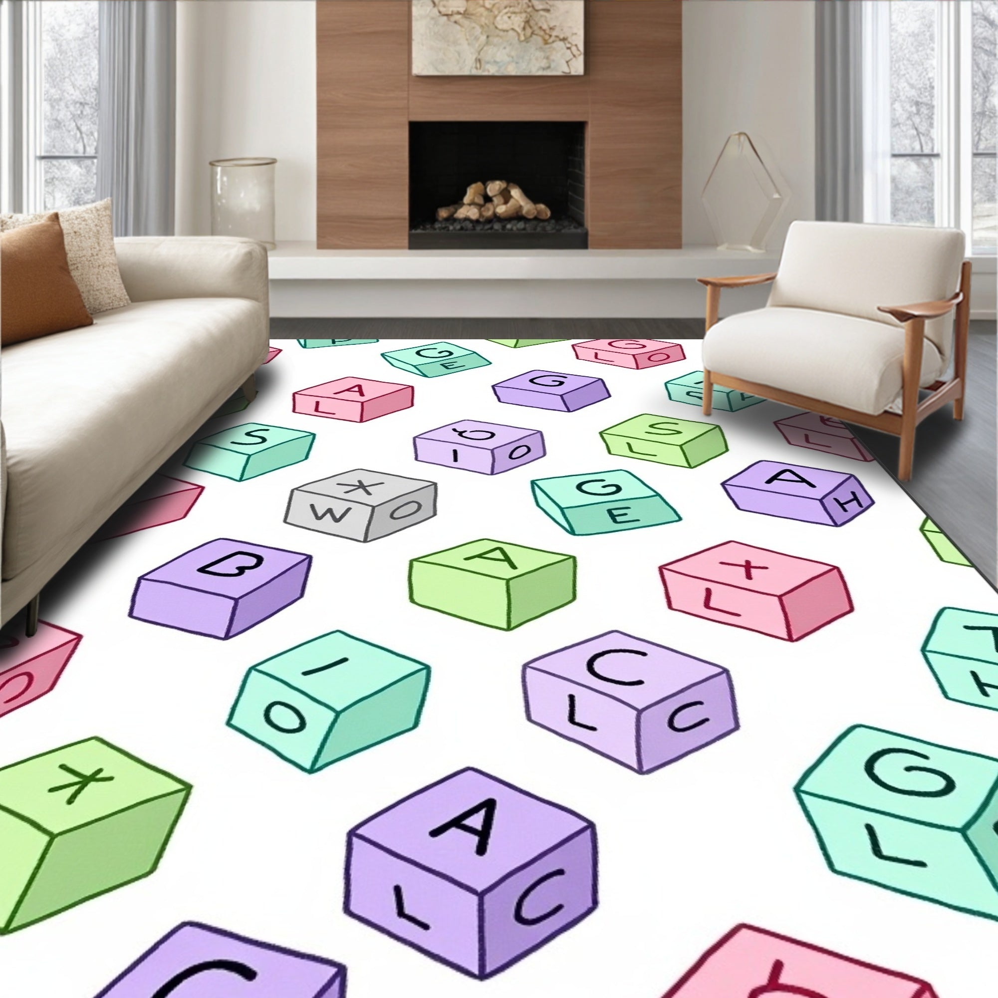 Pastel Alphabet Blocks Scattered Rug