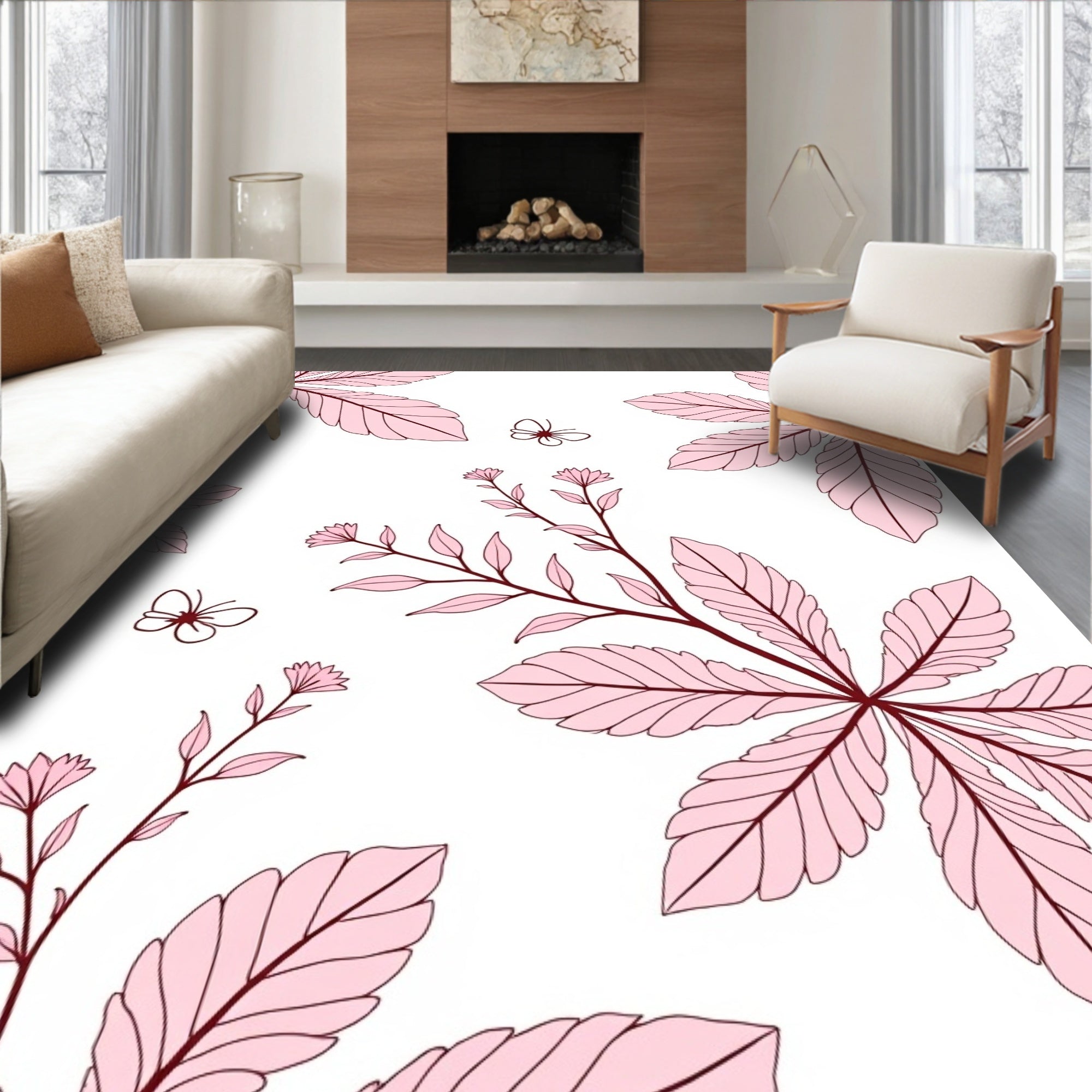 Pink Foliage and Butterfly Garden Rug