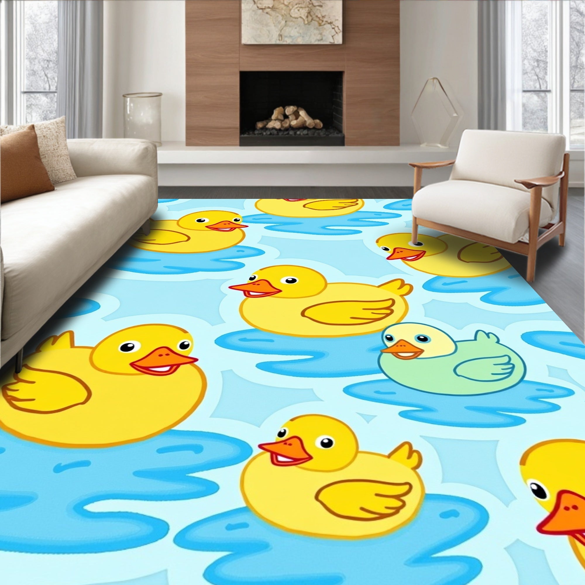 Yellow Ducks Floating On Blue Water Rug
