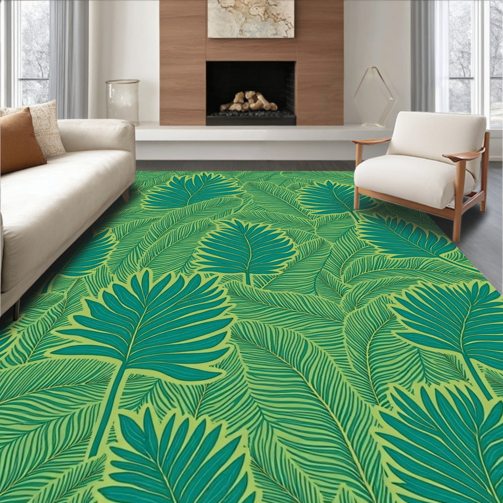 Vibrant Teal Palm Frond Botanical Rug