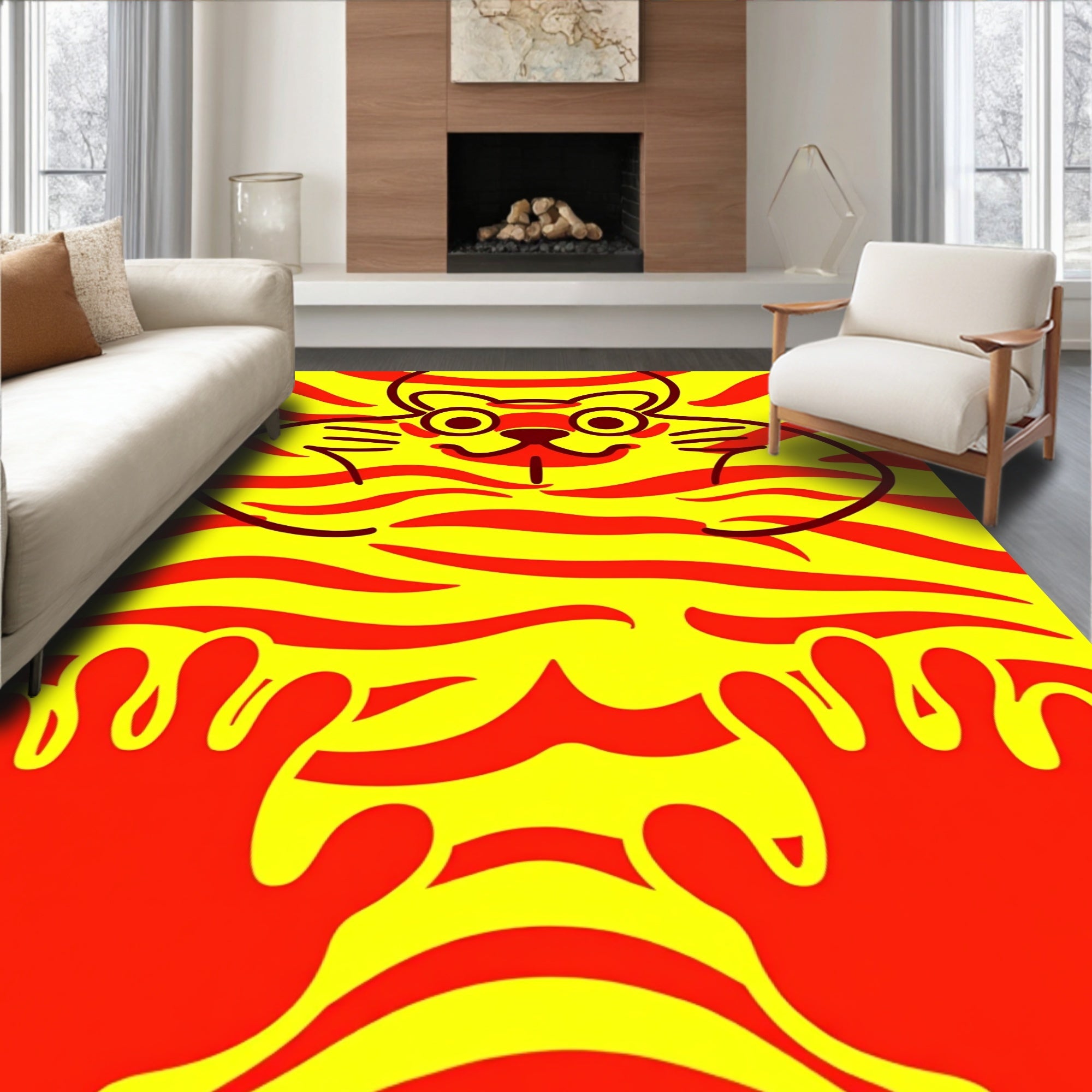 Bold Red Yellow Tiger Character Rug