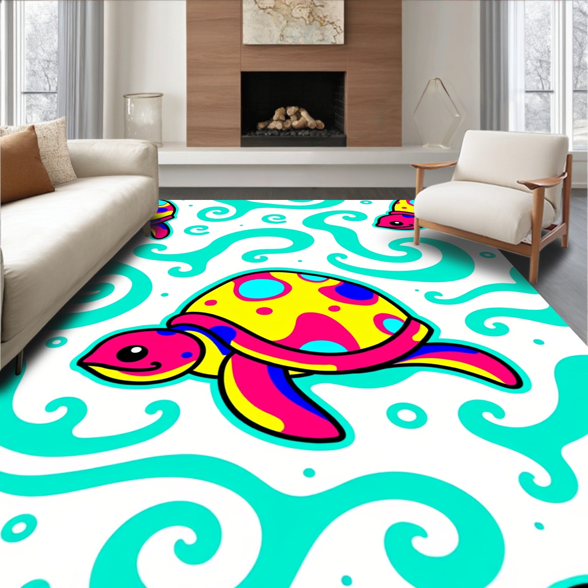 Bright Yellow Pink Sea Turtle Swirls Rug