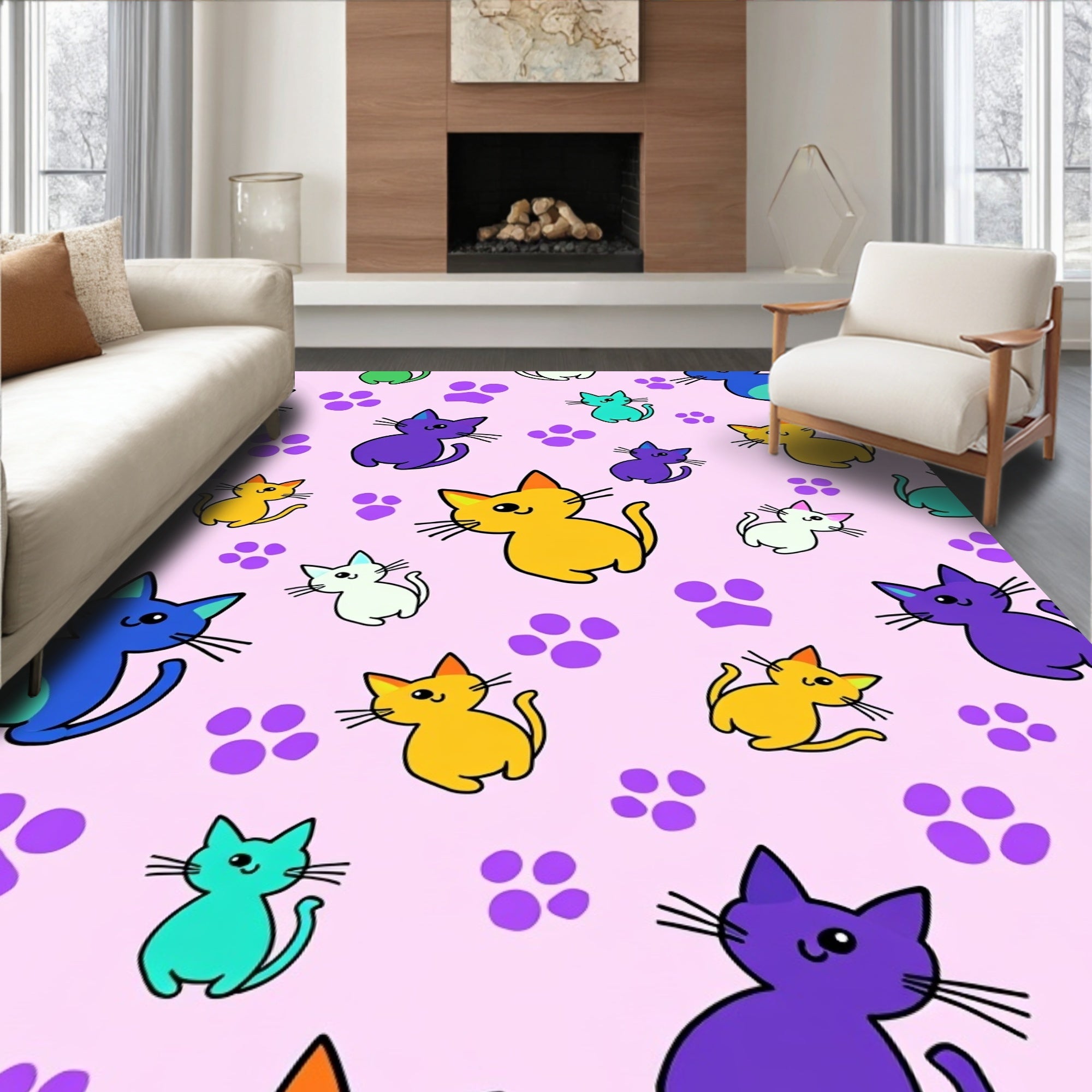 Playful Kitty Cat Paw Print Tableau Rug