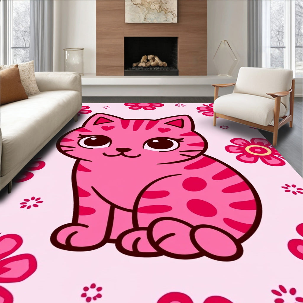 Pink Kawaii Cat Floral Garden Rug