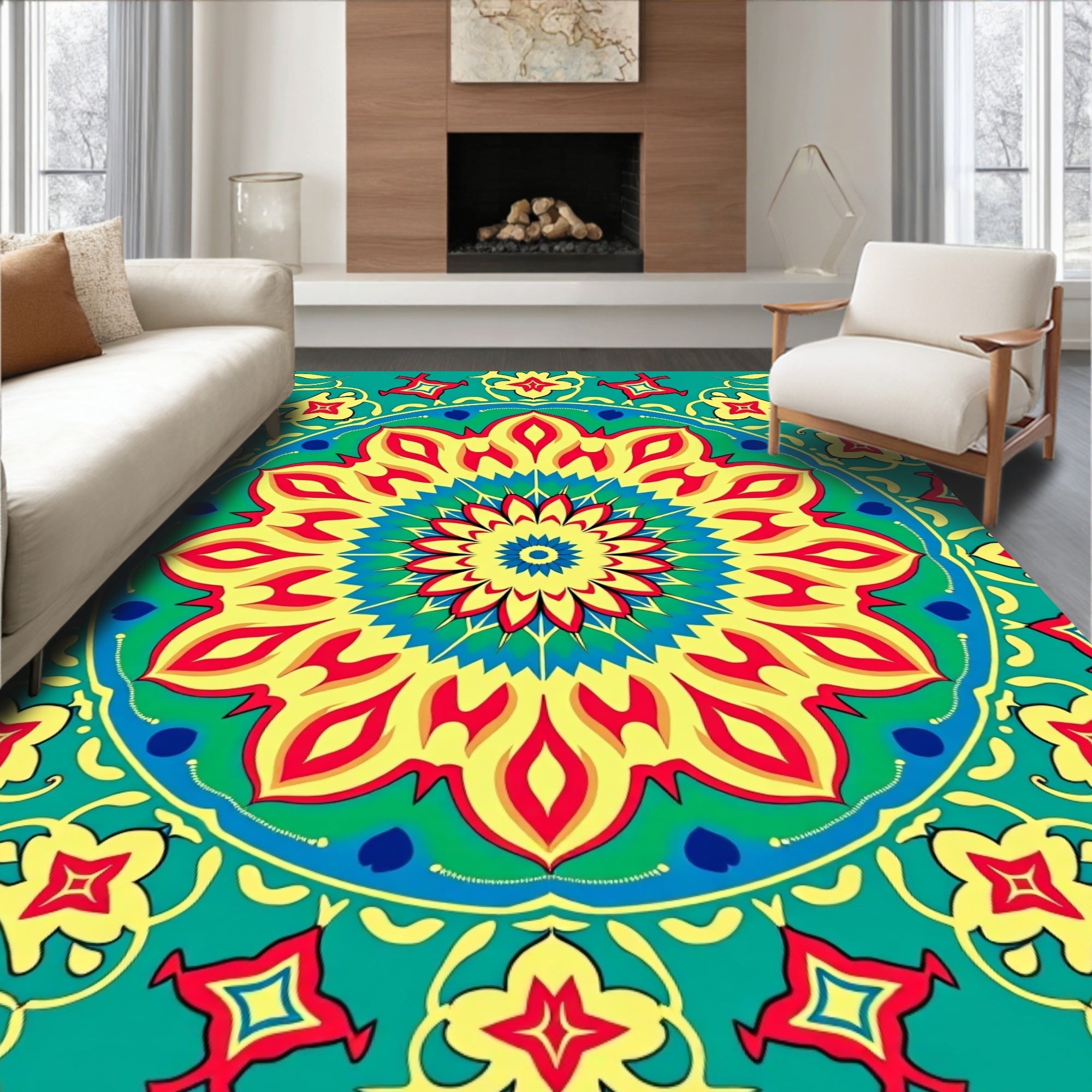 Vibrant Teal Floral Mandala Rug