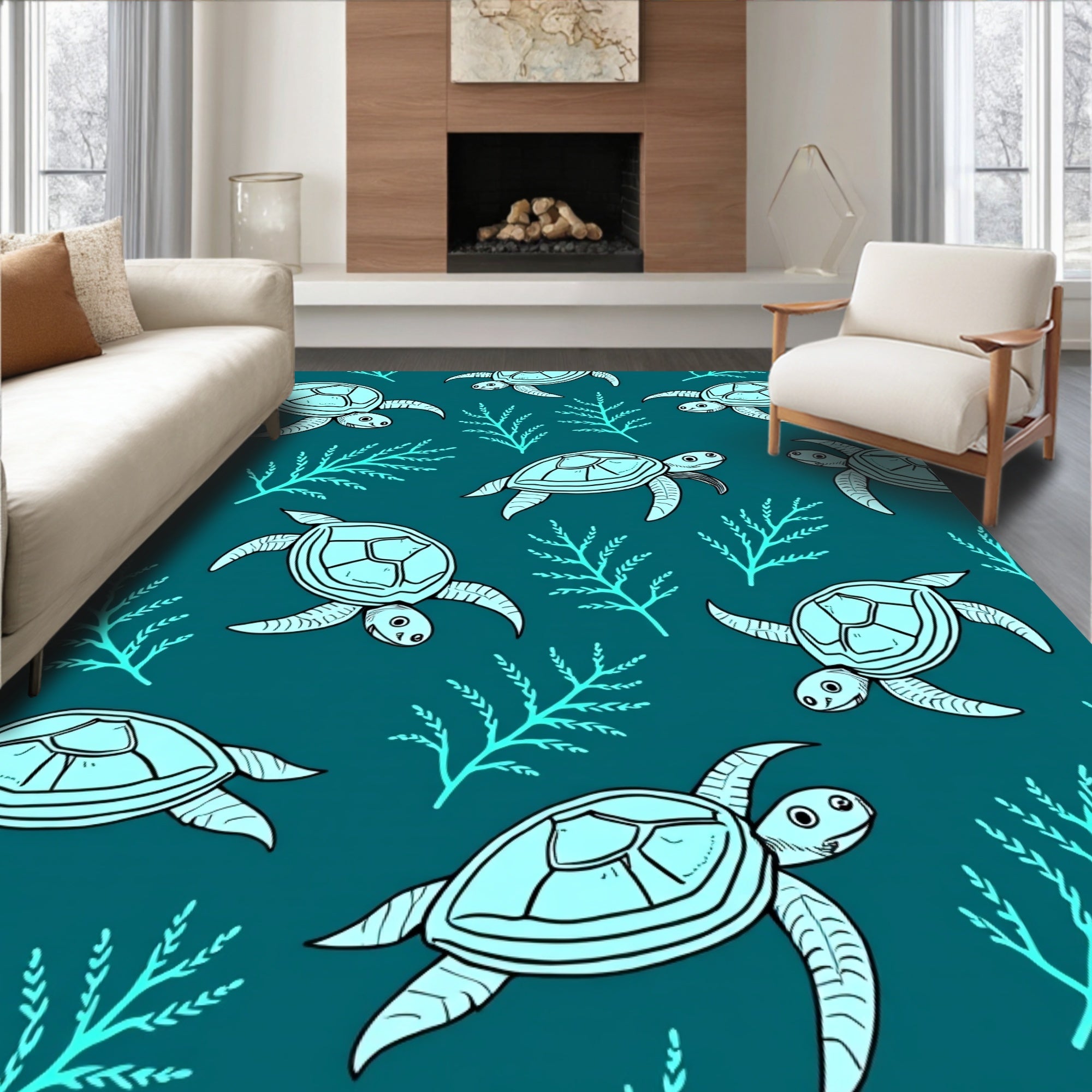 Teal Sea Turtle Coral Scene Rug