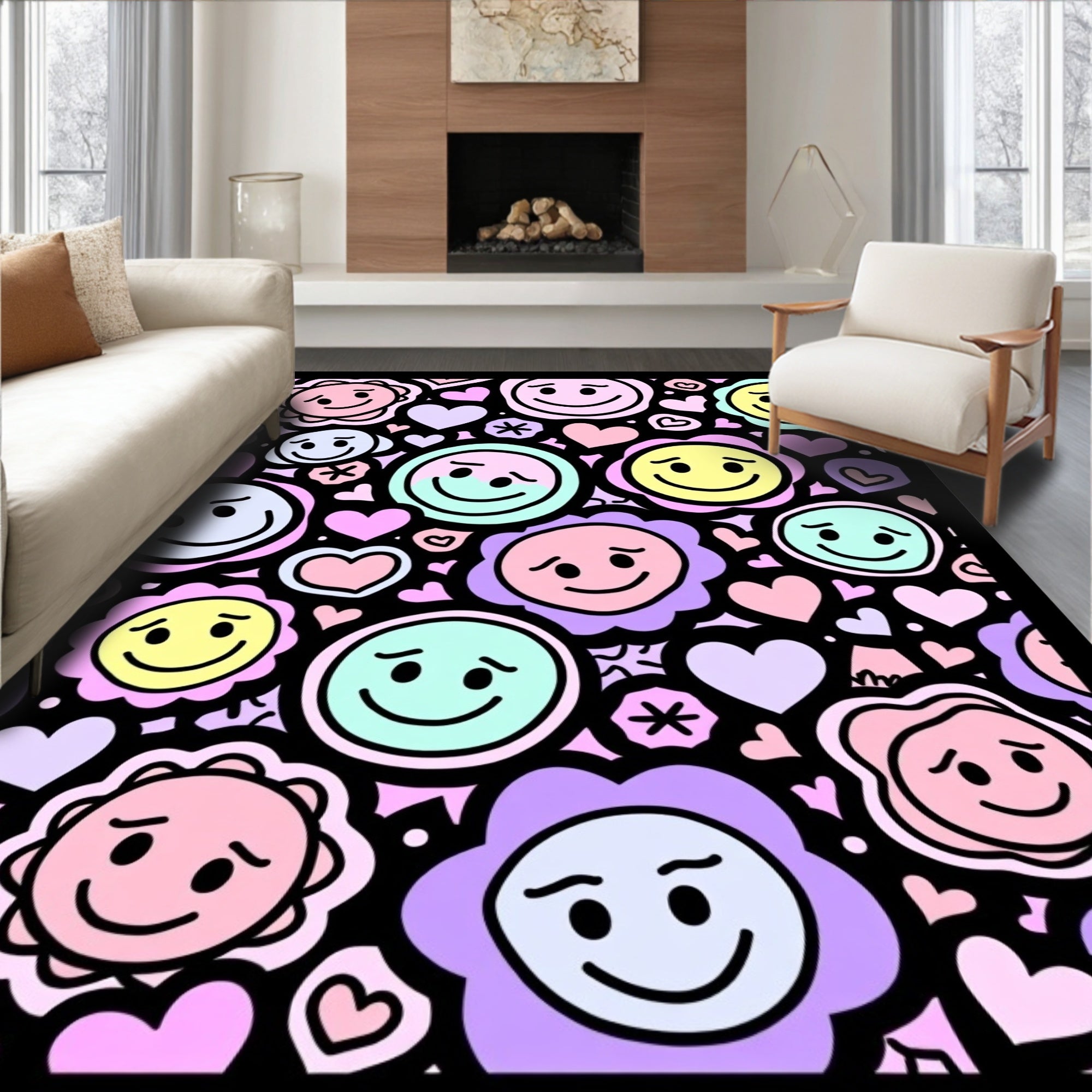 Whimsical Smiley Hearts and Flowers Rug