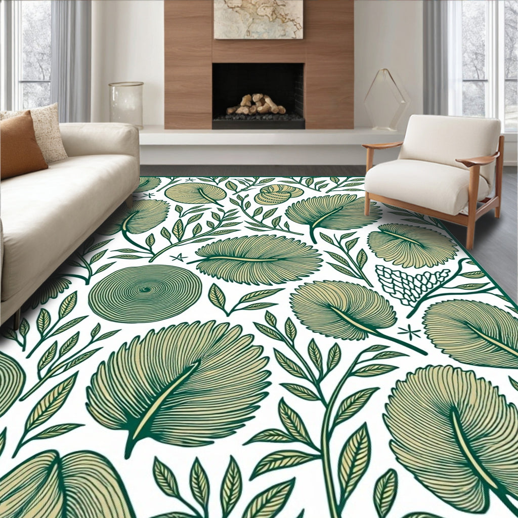 Green Fern and Shell Botanical Arrangement Rug