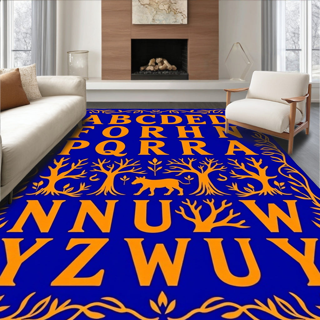 Orange Alphabet Trees Animal Blue Rug