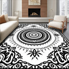 Bold Black Mandala Sunburst Design Rug